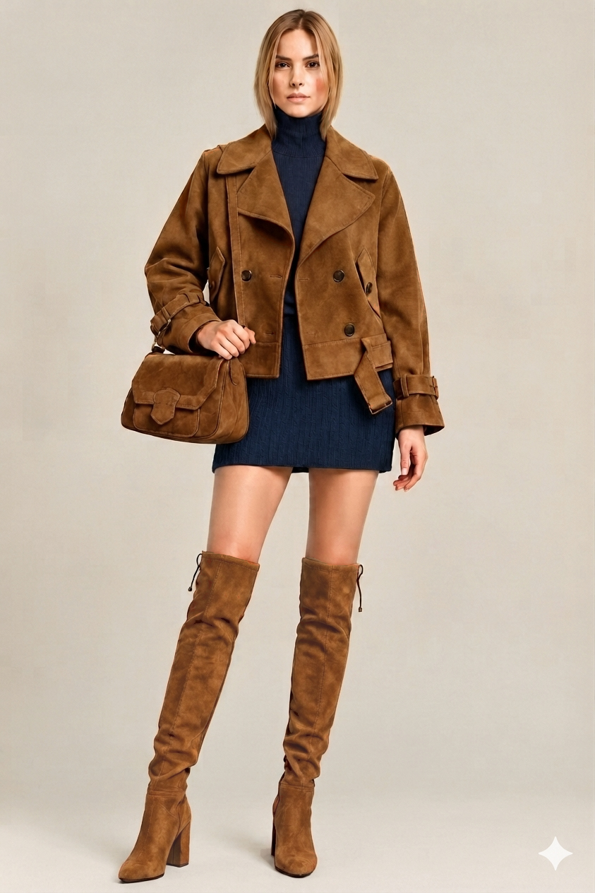Women's cognac custom-made thigh-high boots with round toe and mid block heel- Top view